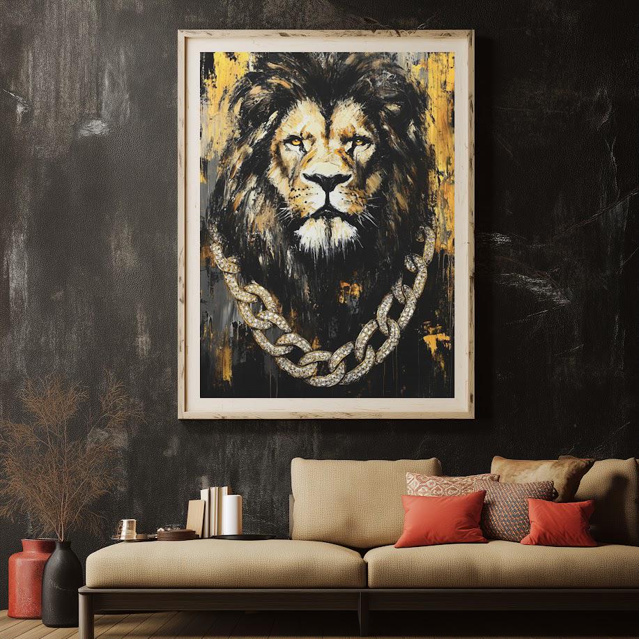 Lion with Gold Chain Wall Art | Black & Gold King Print | Masculine Man Cave Decor | Luxury Artwork — Canvas wall art