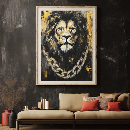 Lion with Gold Chain Wall Art | Black & Gold King Print | Masculine Man Cave Decor | Luxury Artwork — Canvas wall art