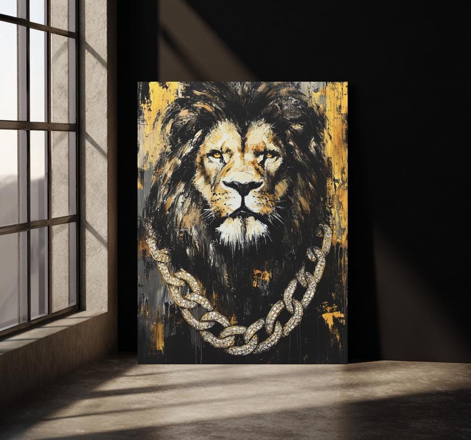 Lion with Gold Chain Wall Art | Black & Gold King Print | Masculine Man Cave Decor | Luxury Artwork — Framed Print wall art