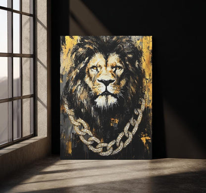 Lion with Gold Chain Wall Art | Black & Gold King Print | Masculine Man Cave Decor | Luxury Artwork — Framed Print wall art