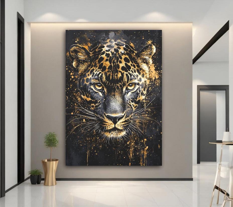 Black & Gold Leopard Art | Canvas or Poster | Luxury Decor | Modern Office Art | Jungle Painting | Big Cat Print | Abstract