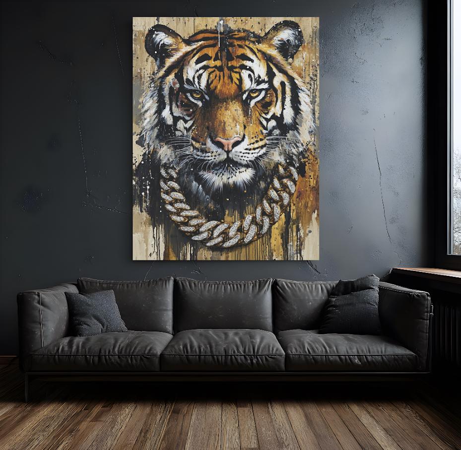 Tiger Wall Art | Urban Streetwear Canvas with Gold Chain | HipHop Wall Decor — Framed Print wall art