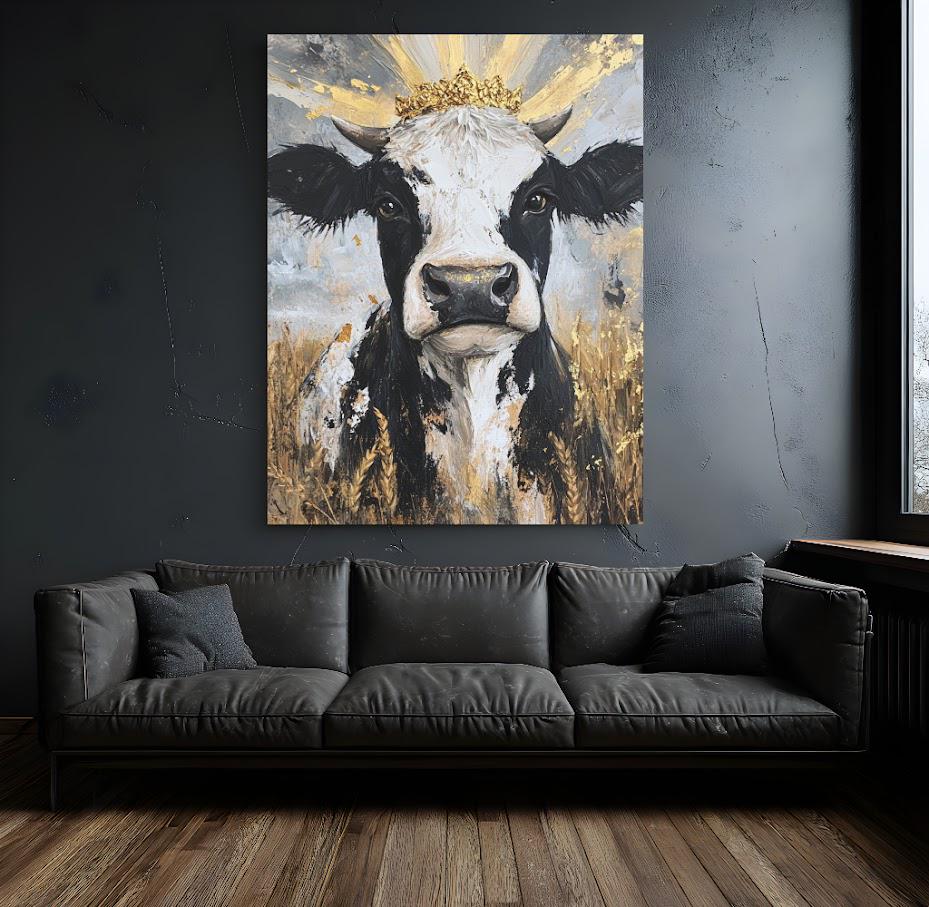 Cow with Gold Crown | Glam Farmhouse Art | Rustic Chic Wall Decor | Cow Painting Print | Whimsical Barn Animal — Canvas wall
