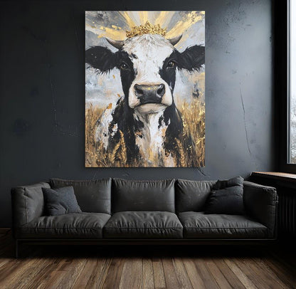 Cow with Gold Crown | Glam Farmhouse Art | Rustic Chic Wall Decor | Cow Painting Print | Whimsical Barn Animal — Canvas wall