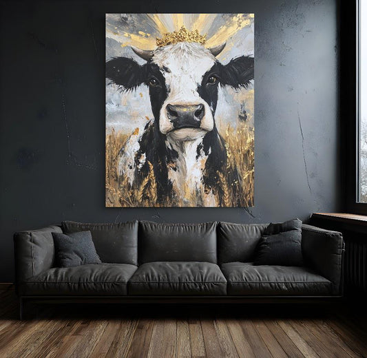 Cow with Gold Crown | Glam Farmhouse Art | Rustic Chic Wall Decor | Cow Painting Print | Whimsical Barn Animal — Canvas wall