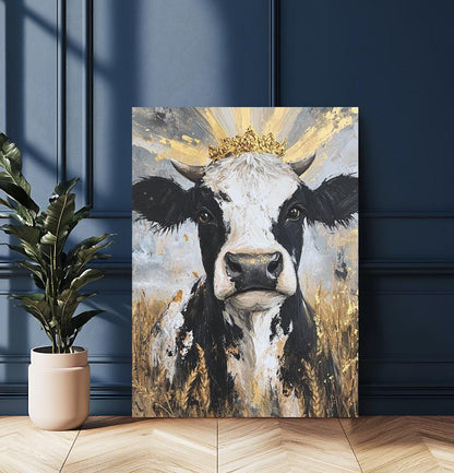 Cow with Gold Crown | Glam Farmhouse Art | Rustic Chic Wall Decor | Cow Painting Print | Whimsical Barn Animal — Framed Print