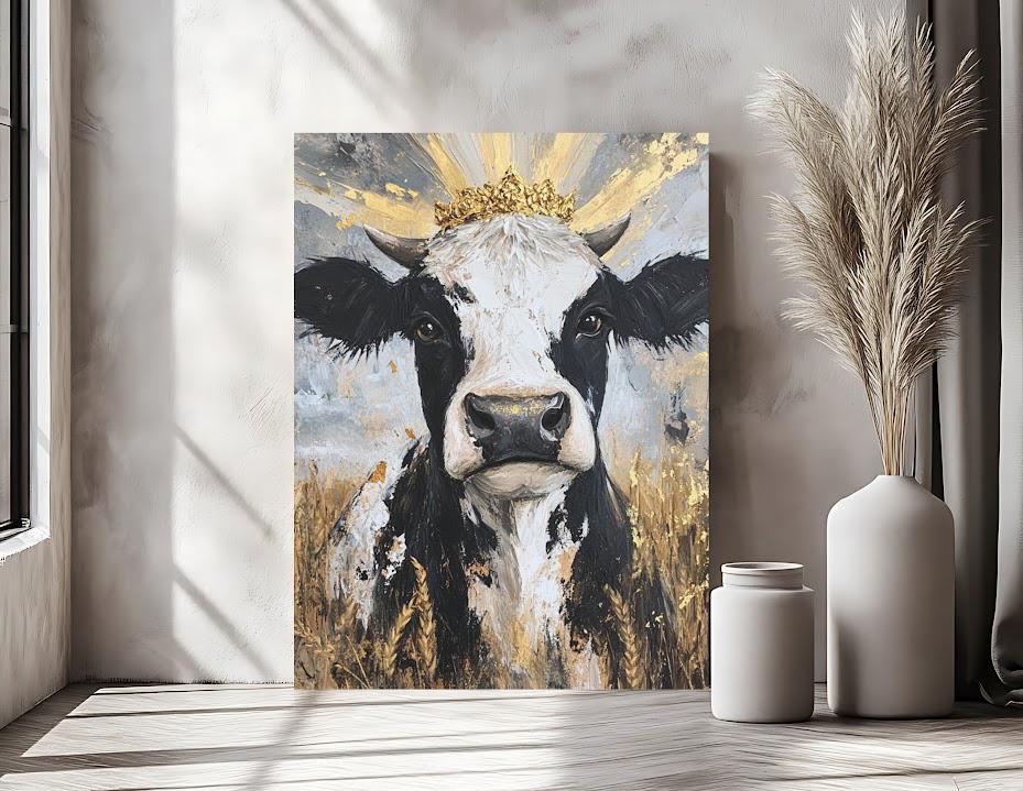 Cow with Gold Crown | Glam Farmhouse Art | Rustic Chic Wall Decor | Cow Painting Print | Whimsical Barn Animal — Framed Print
