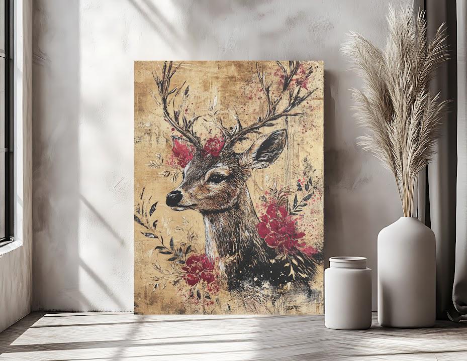 Floral Deer Wall Art | Rustic Chic Canvas Print | Wildlife Decor | Nature Home Art | Elegant Roses Animal Picture — Framed
