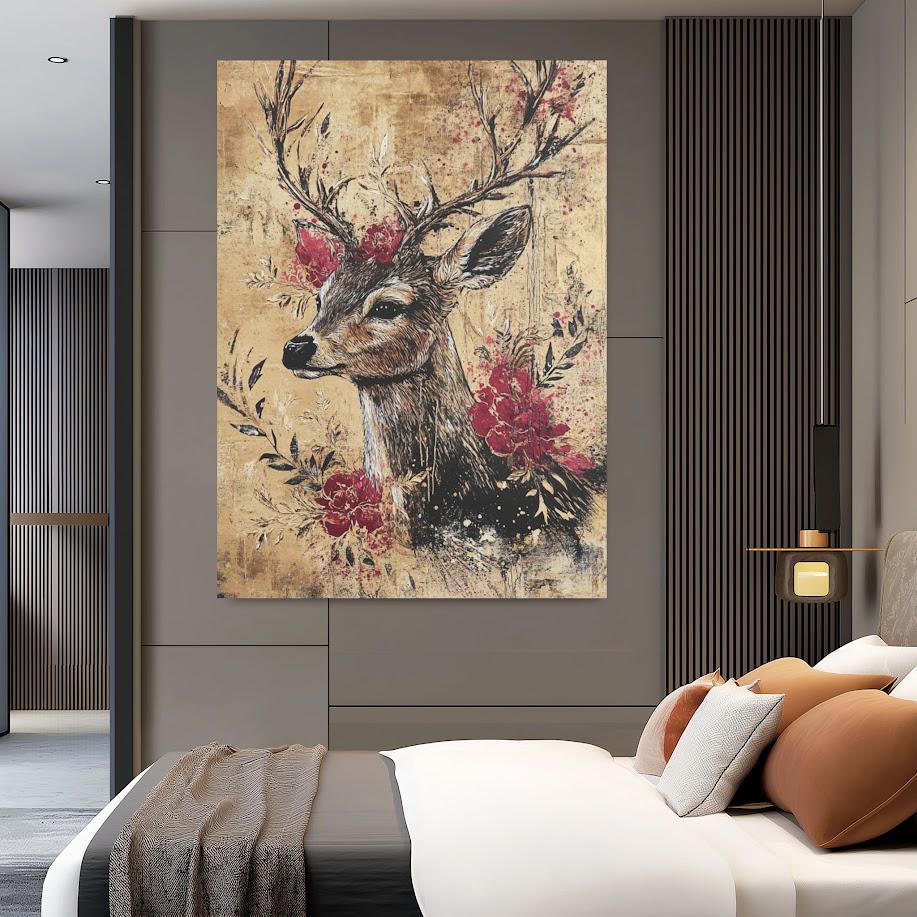 Floral Deer Wall Art | Rustic Chic Canvas Print | Wildlife Decor | Nature Home Art | Elegant Roses Animal Picture — Framed