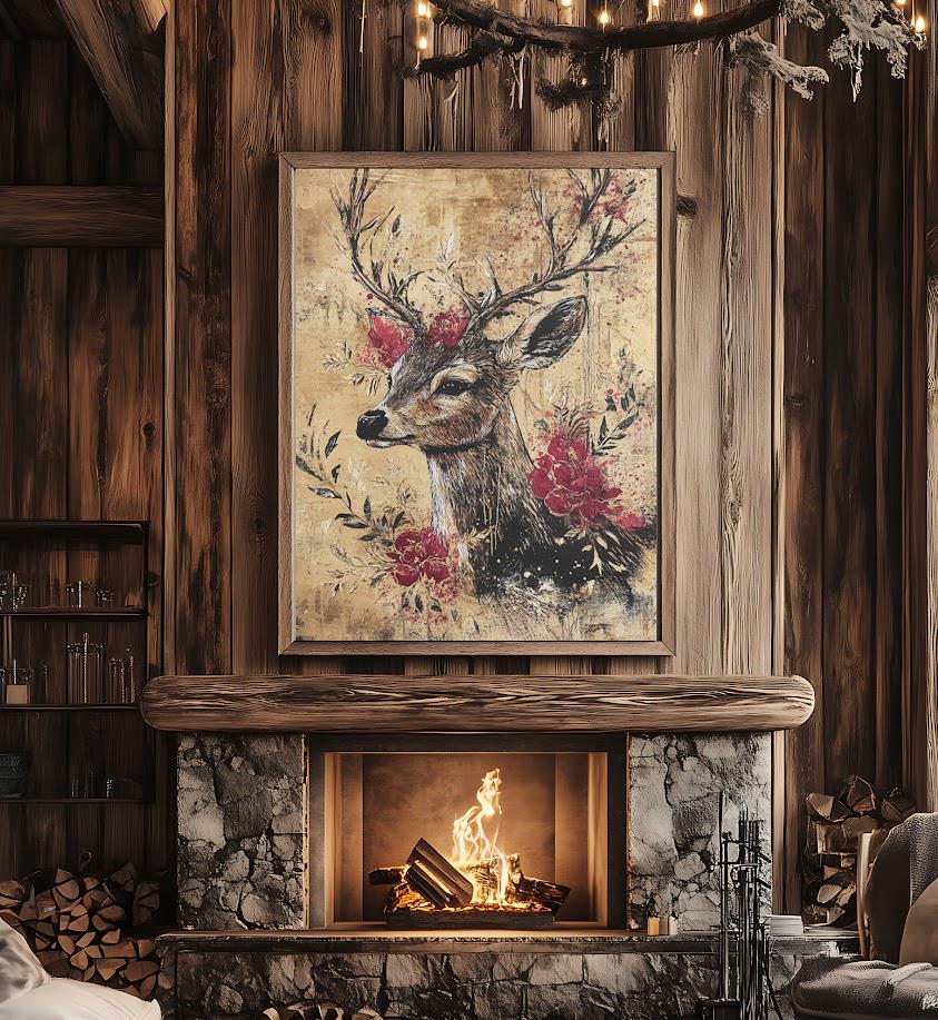 Floral Deer Wall Art | Rustic Chic Canvas Print | Wildlife Decor | Nature Home Art | Elegant Roses Animal Picture — Canvas