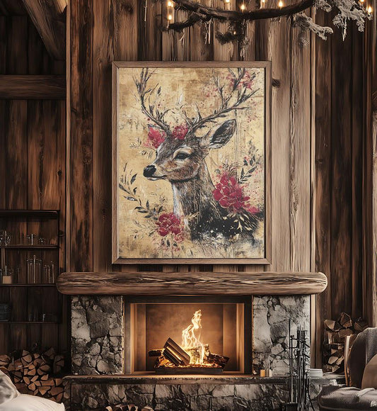 Floral Deer Wall Art | Rustic Chic Canvas Print | Wildlife Decor | Nature Home Art | Elegant Roses Animal Picture — Canvas