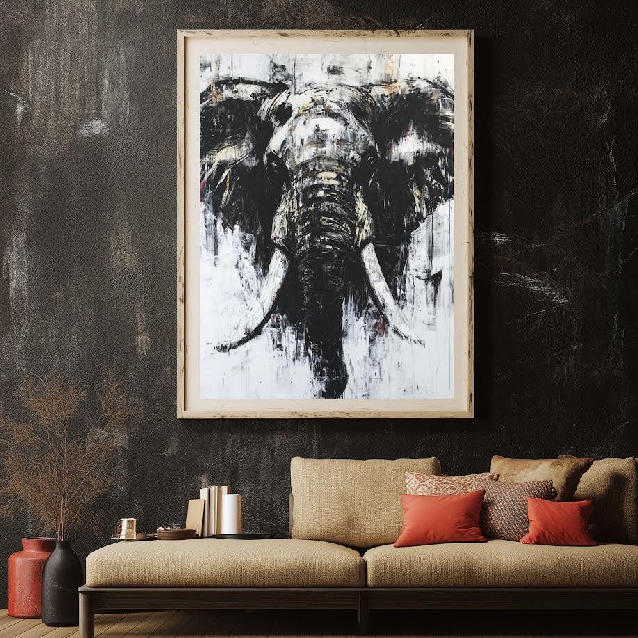 Abstract Elephant Wall Art | Black & White Canvas | Modern Safari Print | Large Grunge Animal Picture — Framed Print wall art