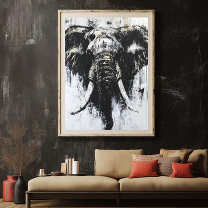 Abstract Elephant Wall Art | Black & White Canvas | Modern Safari Print | Large Grunge Animal Picture — Framed Print wall art