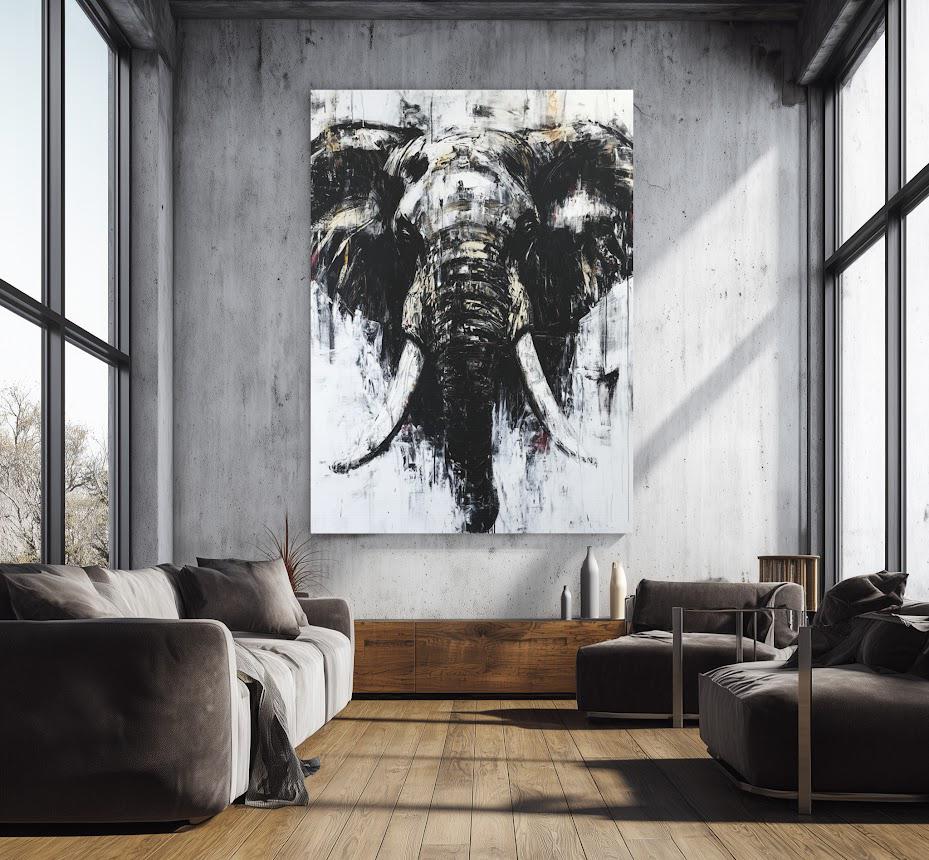 Abstract Elephant Wall Art | Black & White Canvas | Modern Safari Print | Large Grunge Animal Picture — Framed Print wall art