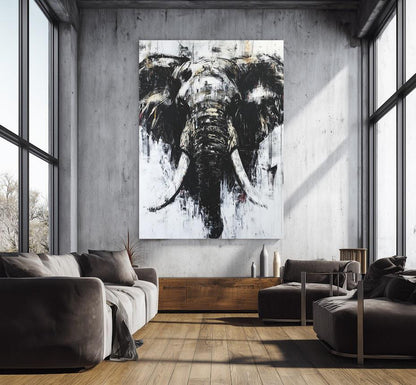 Abstract Elephant Wall Art | Black & White Canvas | Modern Safari Print | Large Grunge Animal Picture — Framed Print wall art