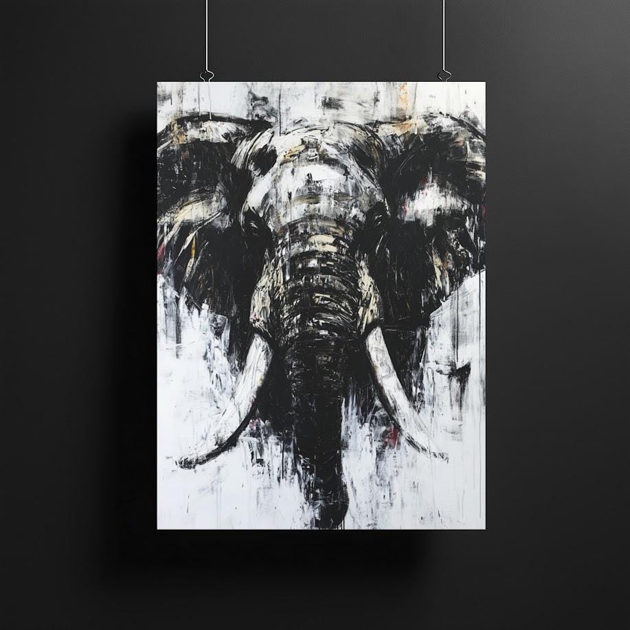 Abstract Elephant Wall Art | Black & White Canvas | Modern Safari Print | Large Grunge Animal Picture — Framed Print wall art