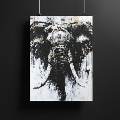 Abstract Elephant Wall Art | Black & White Canvas | Modern Safari Print | Large Grunge Animal Picture — Framed Print wall art