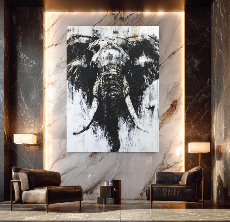 Abstract Elephant Wall Art | Black & White Canvas | Modern Safari Print | Large Grunge Animal Picture — Framed Print wall art