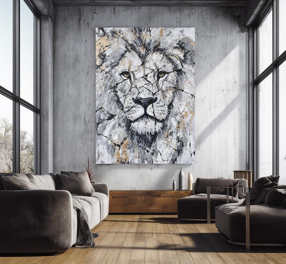 Abstract Lion Wall Art | White Gold Wildlife Canvas or Poster Print — Framed Print wall art