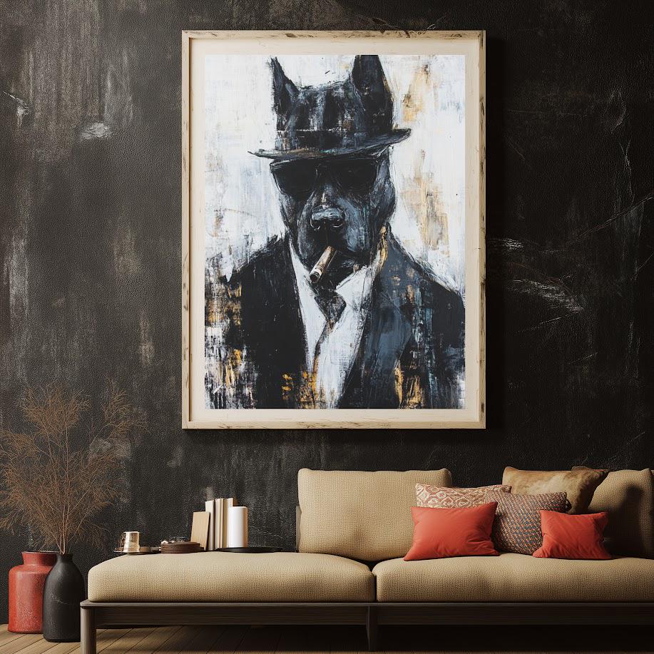 Dapper Dog Wall Art | Cool Canine Portrait | Custom Pet Painting | Urban Animal Art | Dog with Cigar | Masculine Man Cave