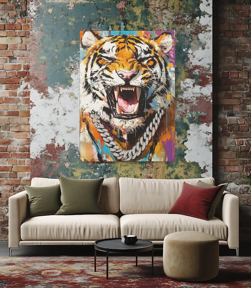 Roaring Tiger Canvas Print | Bold Big Cat Painting, Urban Hip Hop Art — Canvas wall art
