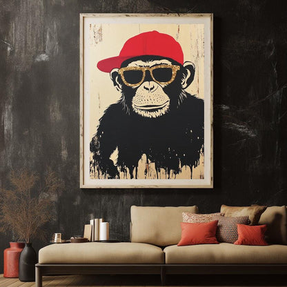 Graffiti Monkey Wall Art | Cool Chimp with Sunglasses | Urban Street Art Canvas | Dorm or Man Cave Poster — Framed Print wall