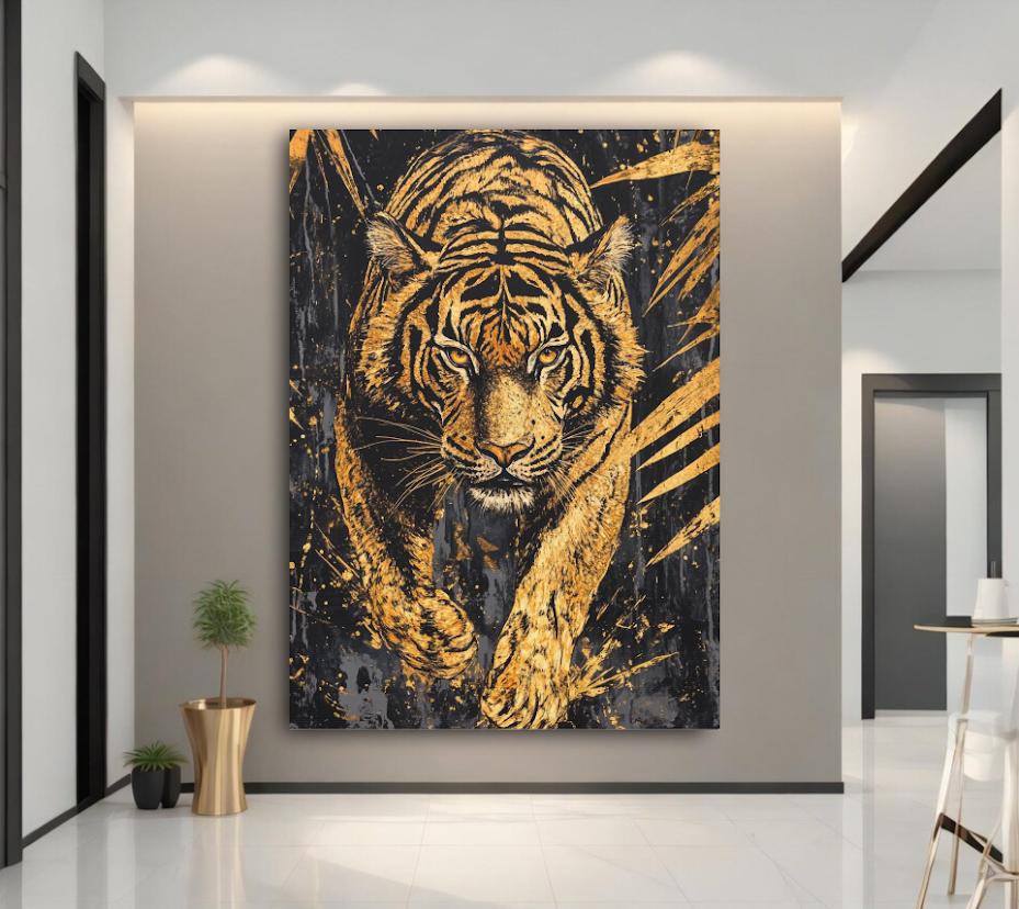 Prowling Tiger Canvas Wall Art, Dark Moody Gold Leaf Predator Print for Executive Office or Luxury Man Cave — Canvas wall art