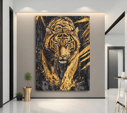 Prowling Tiger Canvas Wall Art, Dark Moody Gold Leaf Predator Print for Executive Office or Luxury Man Cave — Canvas wall art