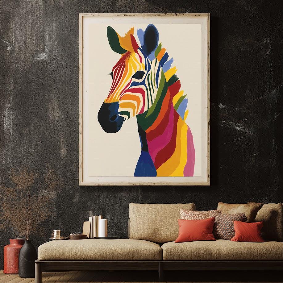 Colorful Zebra Wall Art | Canvas or Poster | Rainbow Animal Print | Abstract Pop Wildlife | Vibrant Safari Painting — Framed