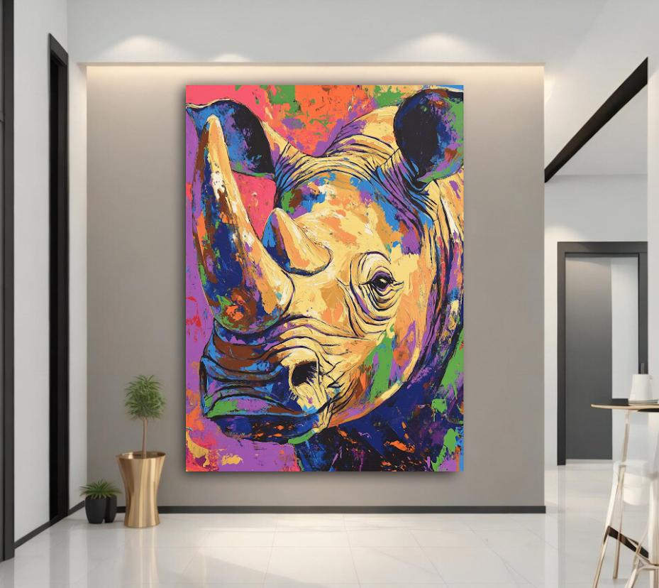 Colorful Rhino Wall Art | Abstract Rhinoceros Canvas Print | Neon Pop Safari Decor | Graffiti Wildlife Painting — Canvas wall
