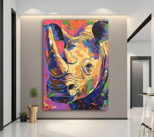 Colorful Rhino Wall Art | Abstract Rhinoceros Canvas Print | Neon Pop Safari Decor | Graffiti Wildlife Painting — Canvas wall