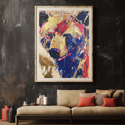 Colorful Bear Abstract Painting | Gold Pop Art Canvas Print, Forest Animal Artwork — Framed Print wall art