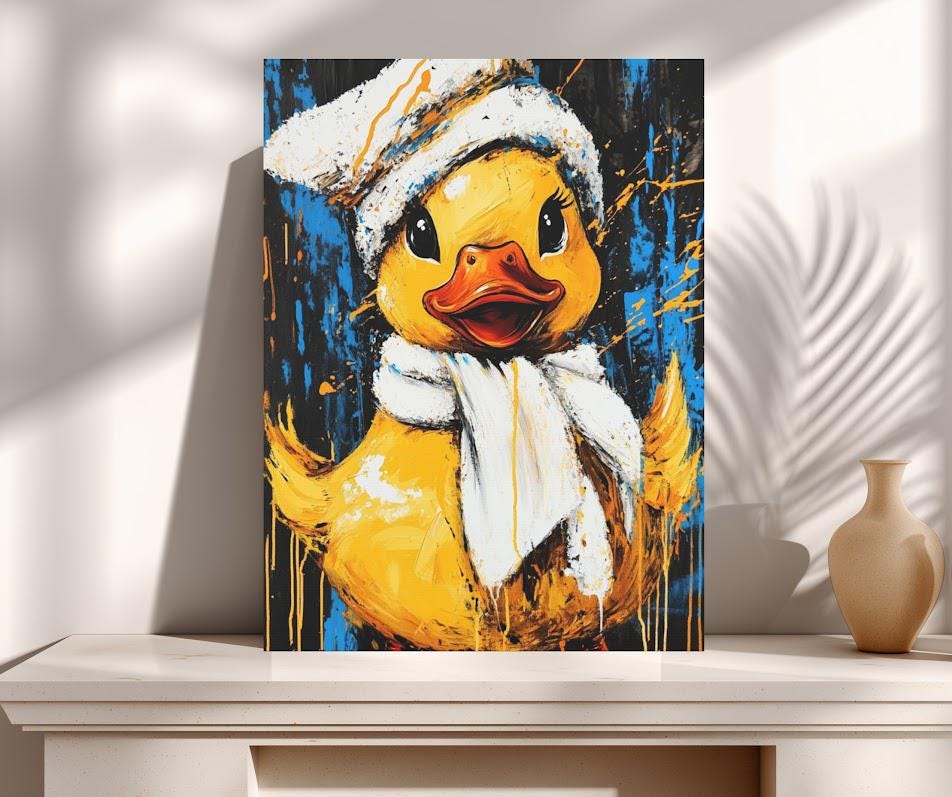 Whimsical Duck Canvas Print, Winter Hat and Scarf, Animal Wall Art — Poster wall art