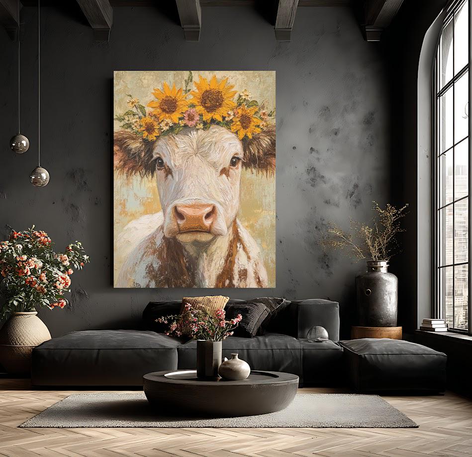 Sunflower Cow Canvas Print, Farmhouse Animal Wall Art, Rustic Home Decor — Framed Print wall art
