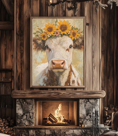 Sunflower Cow Canvas Print, Farmhouse Animal Wall Art, Rustic Home Decor — Framed Print wall art