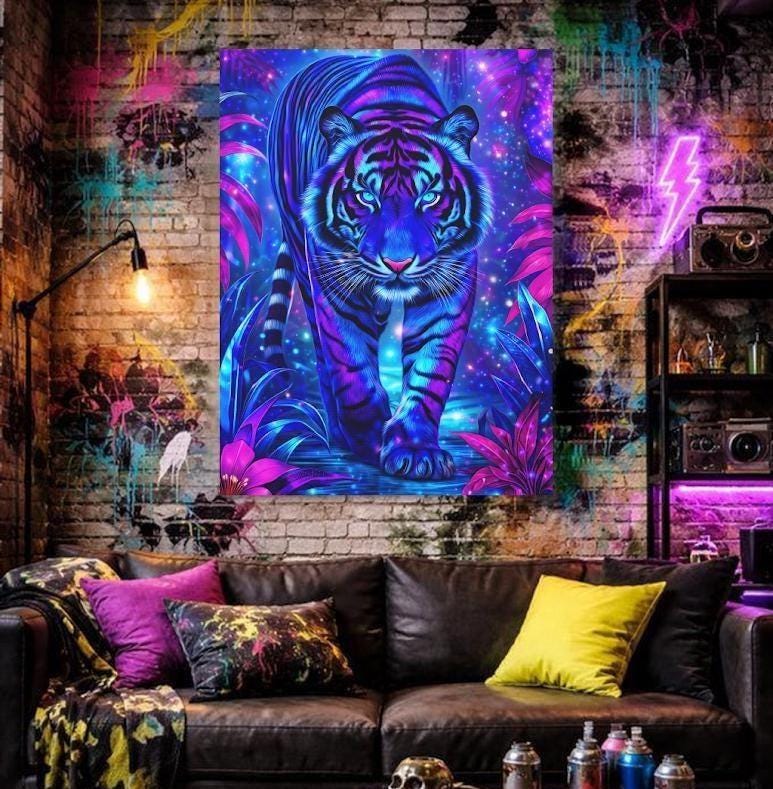Neon Tiger Wall Art | Psychedelic Jungle Canvas | Colorful Animal Print | Tropical Big Cat Artwork — Framed Print wall art