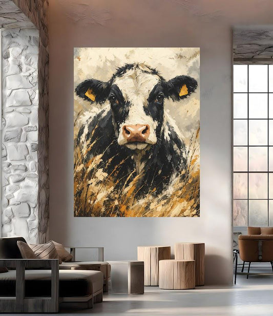 Rustic Cow Canvas Wall Art | Farmhouse Kitchen Decor | Vintage Country Painting | Cottagecore Print | Large Animal Picture —