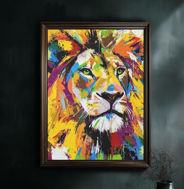 Colorful Lion Wall Art | Vibrant Abstract Animal Print | Modern Zoo Animal Poster | King of the Jungle — Framed Print wall