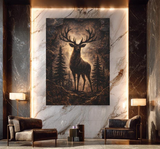 Rustic Stag Canvas Art | Deer Lodge Print | Masculine Hunting Gift | Modern Man Cave Decor | Large Antlers | Forest Animal —