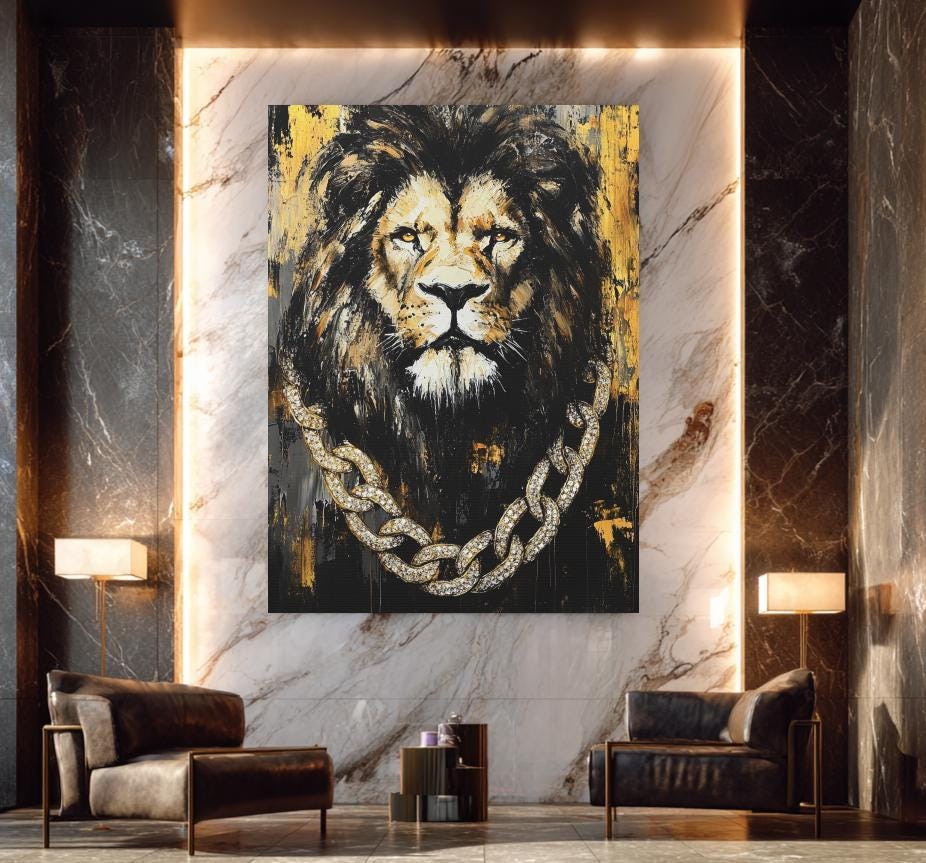 Lion with Gold Chain Wall Art | Black & Gold King Print | Masculine Man Cave Decor | Luxury Artwork — Poster wall art