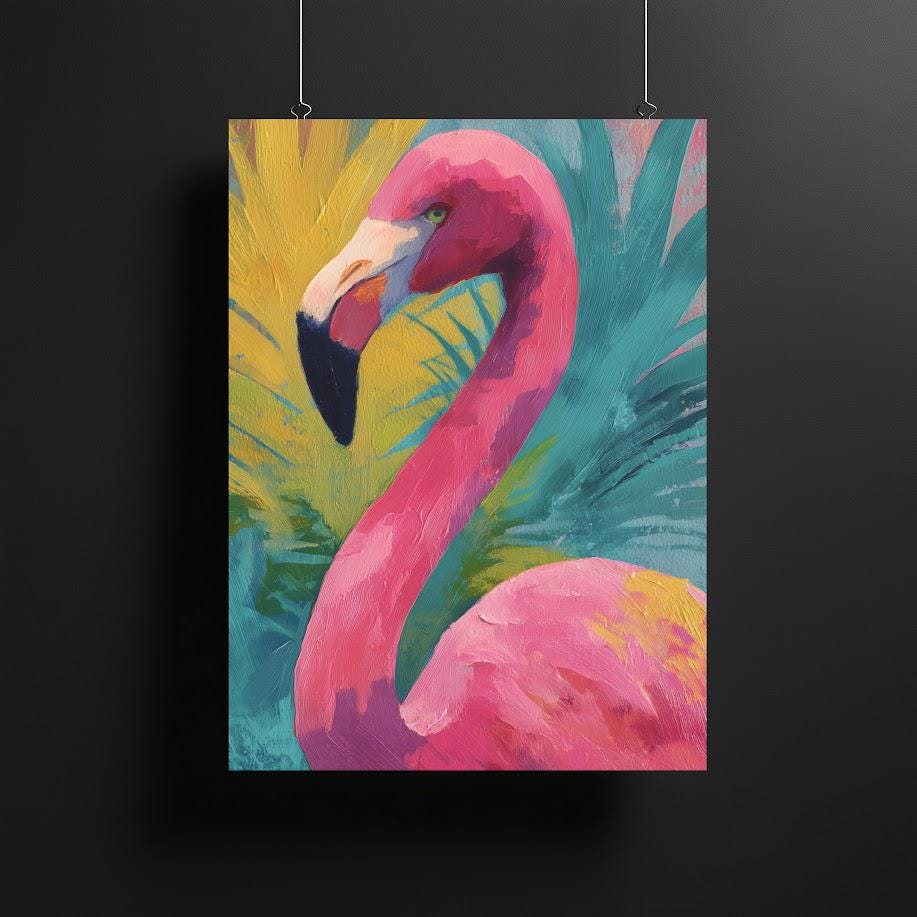 Vibrant Pink Flamingo Canvas | Preppy Tropical Art | Abstract Coastal Decor | Palm Beach Chic | Maximalist Bird Painting —