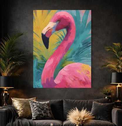 Vibrant Pink Flamingo Canvas | Preppy Tropical Art | Abstract Coastal Decor | Palm Beach Chic | Maximalist Bird Painting —