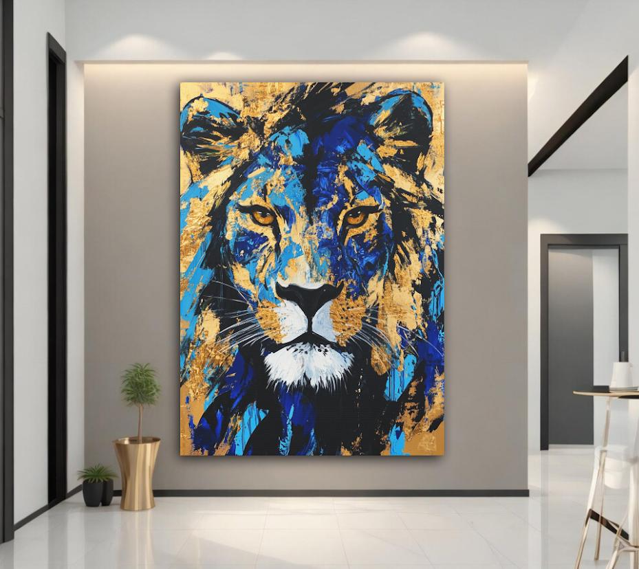 Gold & Blue Lion Art | Canvas or Poster | Abstract Zoo Animal Print | Wildlife Painting | Large Animal Face | Modern Luxury —
