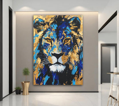 Gold & Blue Lion Art | Canvas or Poster | Abstract Zoo Animal Print | Wildlife Painting | Large Animal Face | Modern Luxury —