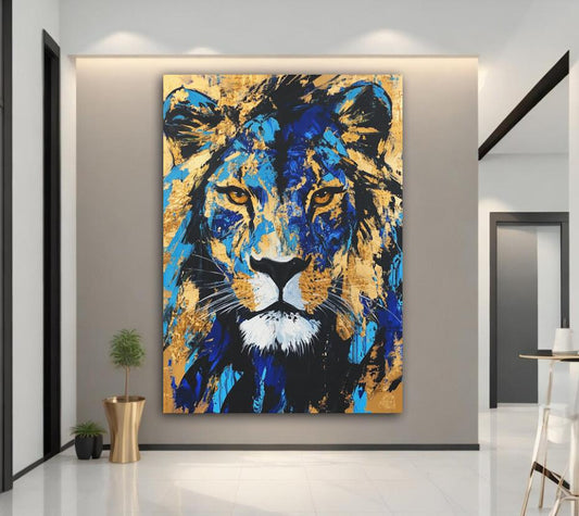 Gold & Blue Lion Art | Canvas or Poster | Abstract Zoo Animal Print | Wildlife Painting | Large Animal Face | Modern Luxury —