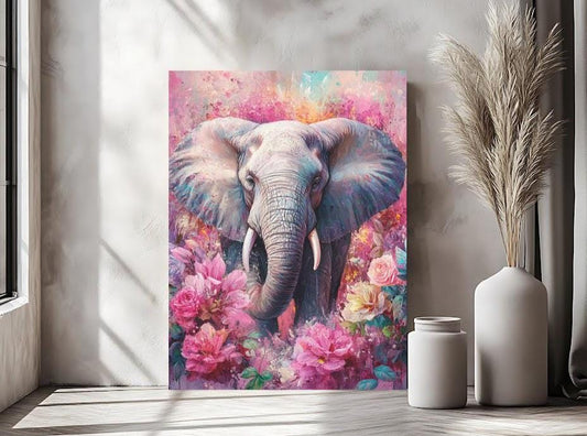 Pink Elephant Nursery Decor | Floral Safari Wall Art | Watercolor Girl Room Print | Whimsical Animal Canvas | Baby Shower