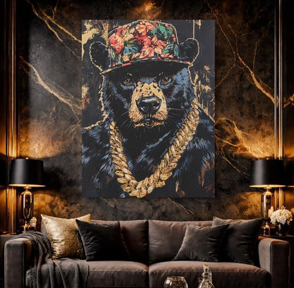 Hip Hop Bear Wall Art | Canvas or Poster | Black Grizzly Gold Chain Print | Urban Man Cave | Forest Animal Painting — Poster