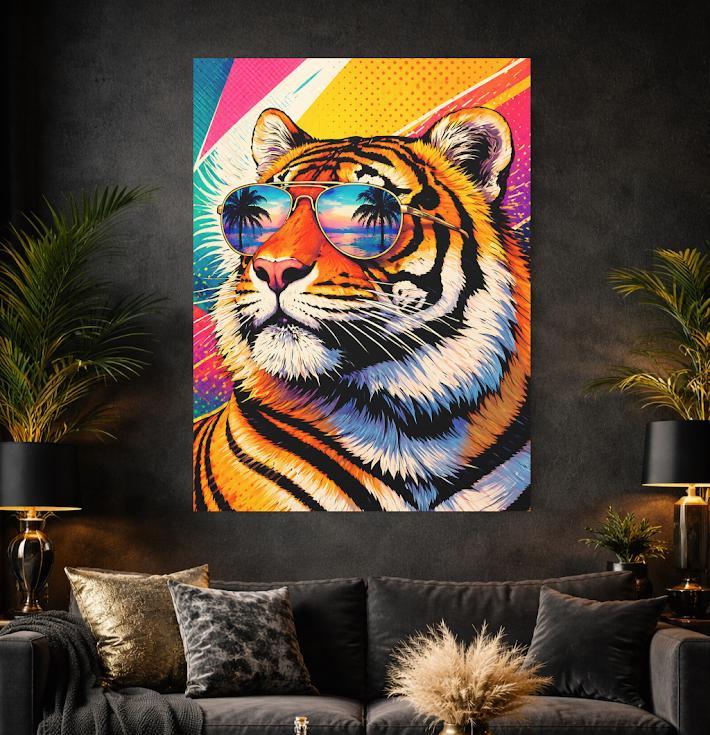 Retro Tiger Art with Sunglasses | Maximalist Neon Pop Art Canvas Print — Framed Print wall art