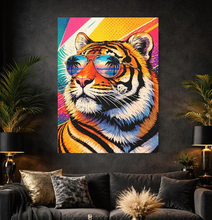Retro Tiger Art with Sunglasses | Maximalist Neon Pop Art Canvas Print — Framed Print wall art