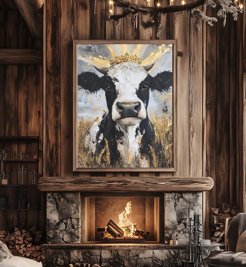 Cow with Gold Crown | Glam Farmhouse Art | Rustic Chic Wall Decor | Cow Painting Print | Whimsical Barn Animal — Poster wall